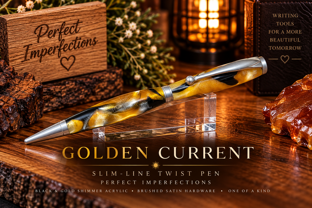 Golden Current | Hand-Turned Black & Gold Shimmer Acrylic Slim-Line Pen