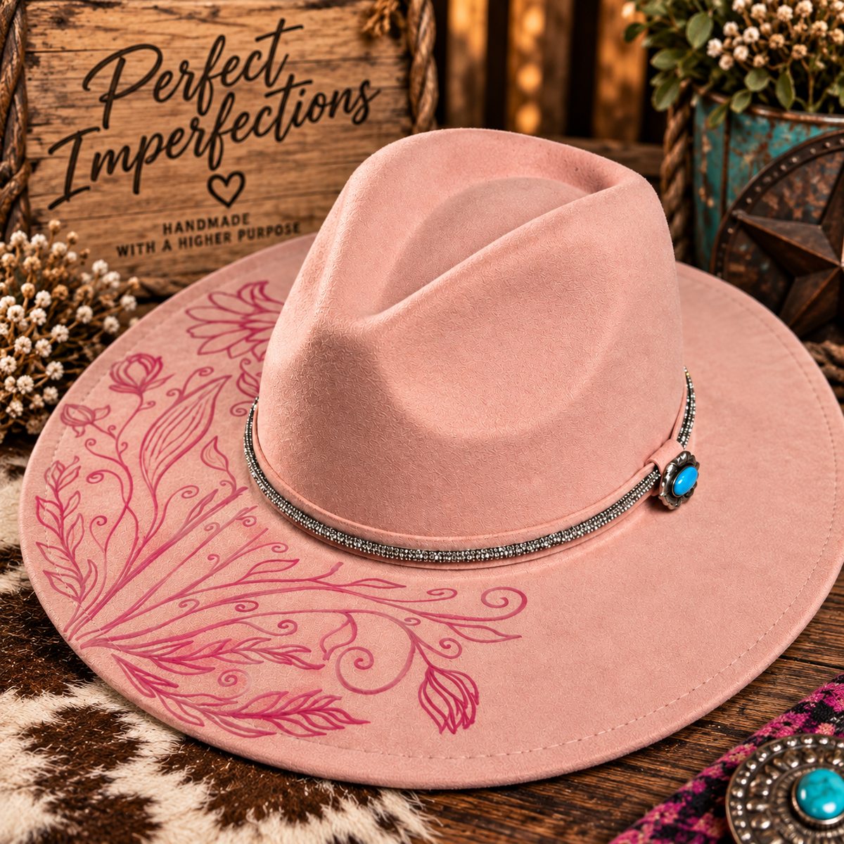 Blushing Wildflower | One-of-a-Kind Laser-Engraved Felt Hat